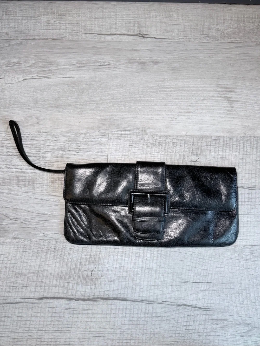 HOBO International Black Leather Clutch Wristlet Buckle Purse